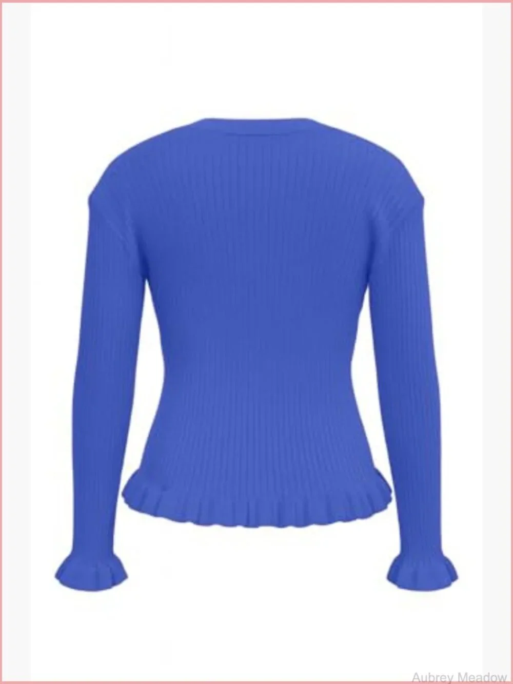 Ruffled Trim Ribbed Knit V-Neck Pearl Button Cardigan - Picture 6 of 7